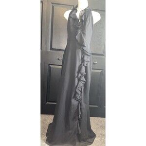 Jim Hjelm Occasions 12 Black Halter Ruffle Chiffon Maxi Evening Gown Formal NWT